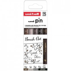 SET ROTULADOR CALIBRADO UNIBALL PIN PINCEL ART 5 COLORES
